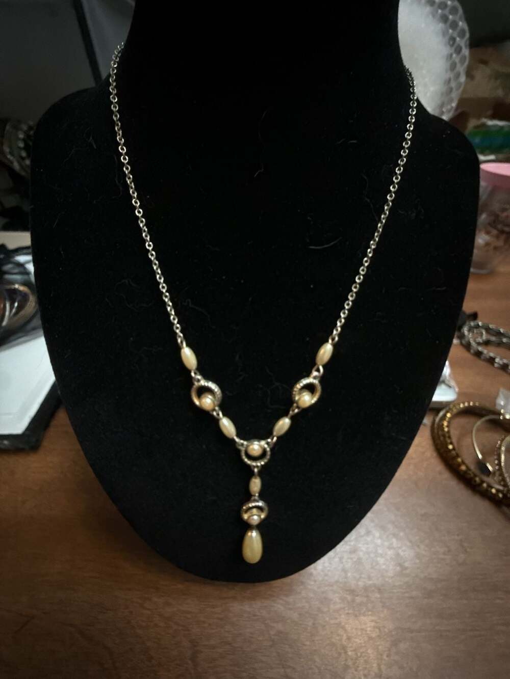 Vintage Avon Silver Tone Faux Pearl Y-Necklace with Rhinestone Accents